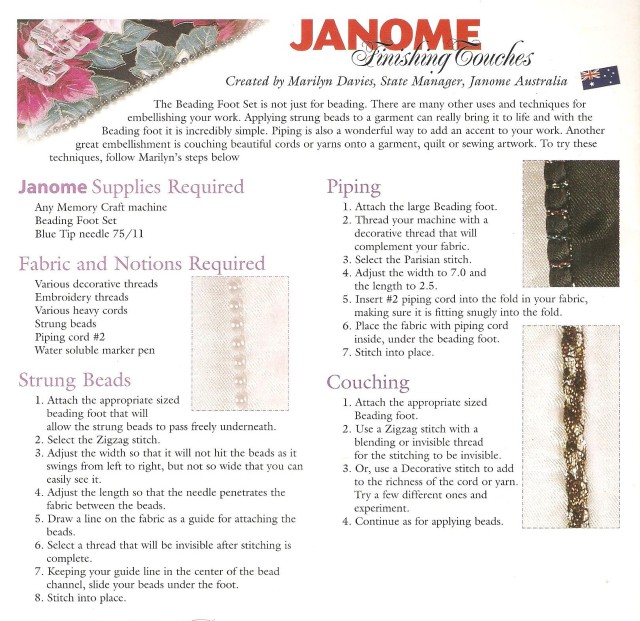 JANOME Digest page where it is explained again that the Beading foot is not just for beads! Use also for piping and Couching.